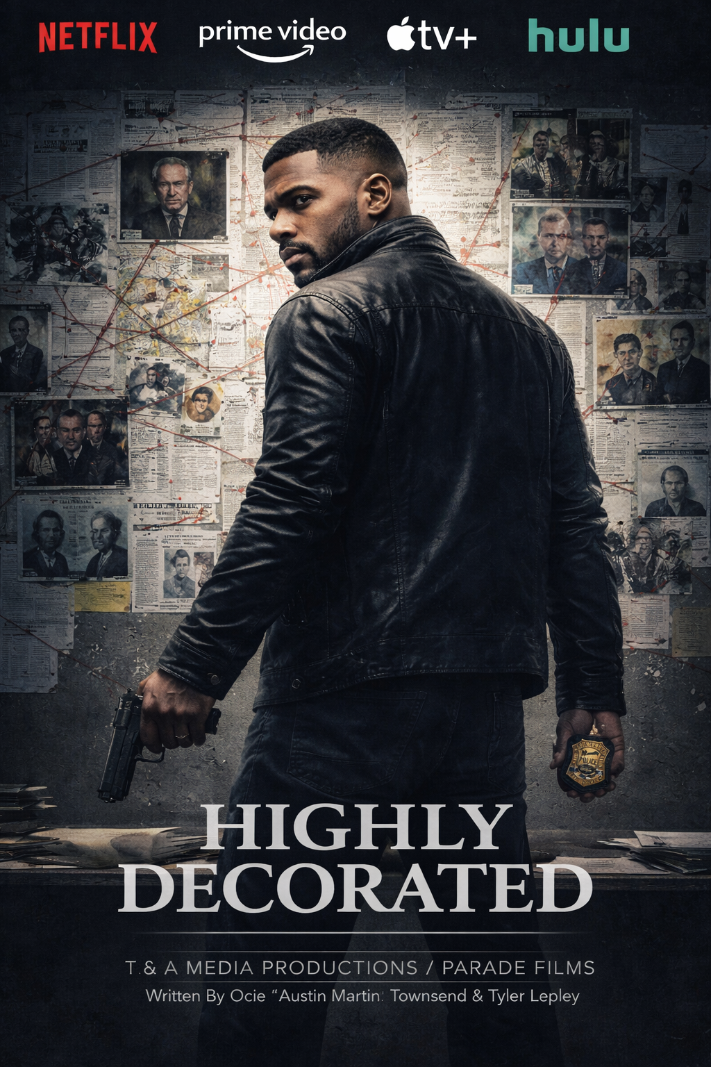 Highly Decorated poster: a detective with a badge and a gun in front of an investigation board