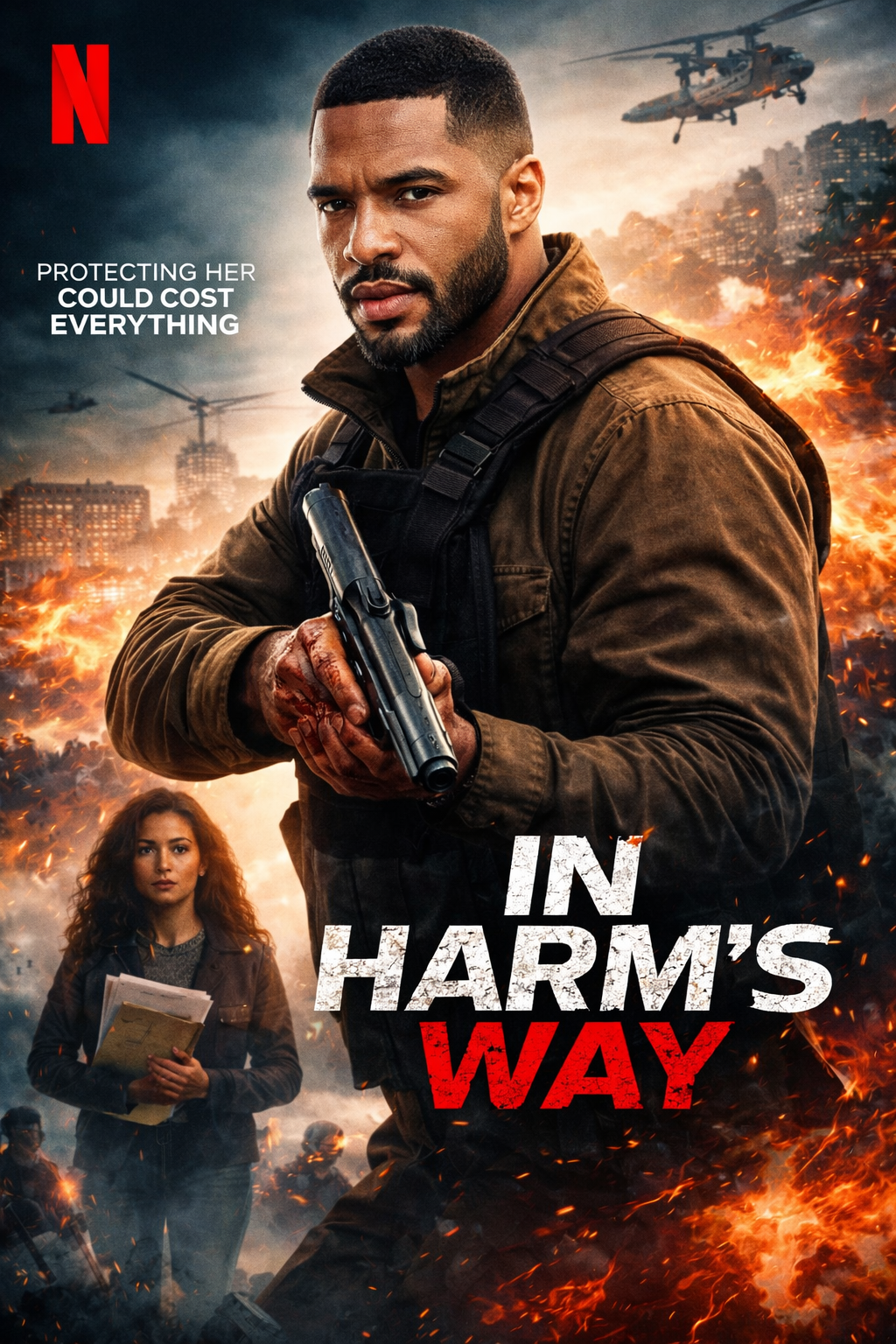 In Harm's Way poster: a man holding a gun in front of a burning city with helicopters