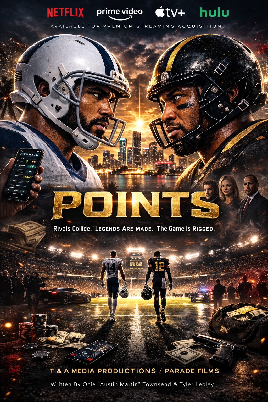 POINTS concept poster with opposing football players, a city skyline and betting imagery
