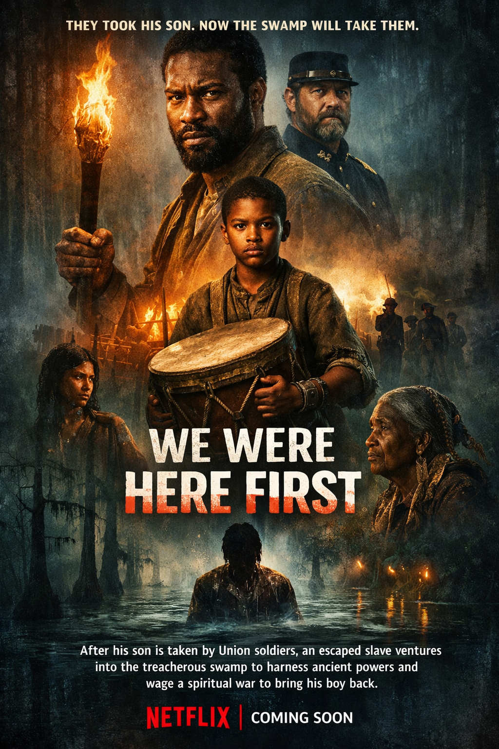 We Were Here First poster: an escaped slave with a torch, a boy with a drum, and figures in a swamp